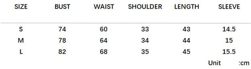 Clothing size chart showing measurements for bust, waist, shoulder, length, and sleeve in cm for sizes S, M, and L
