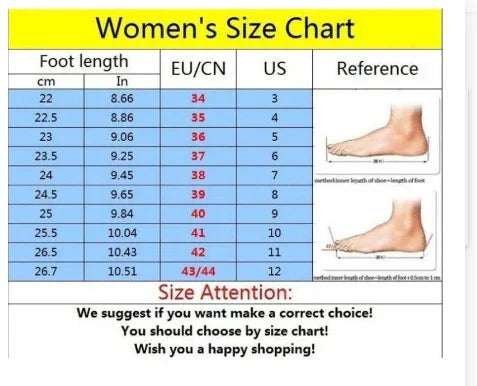 Women's shoe size chart showing foot length in cm and inches, EU/CN and US sizes with foot measurement illustrations