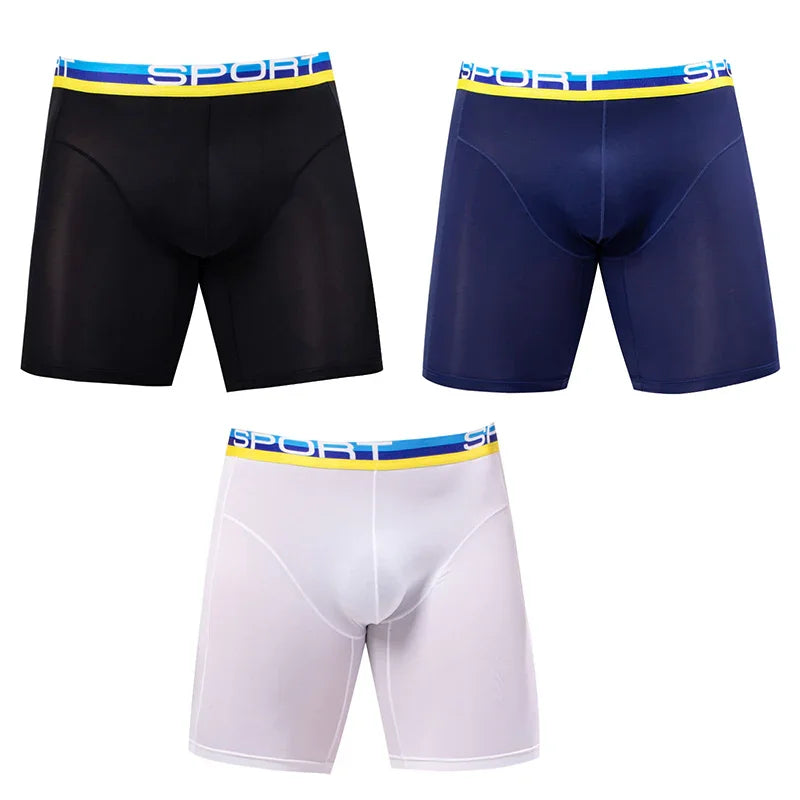 Black, navy blue, and white men's sport boxer briefs with blue and yellow waistbands