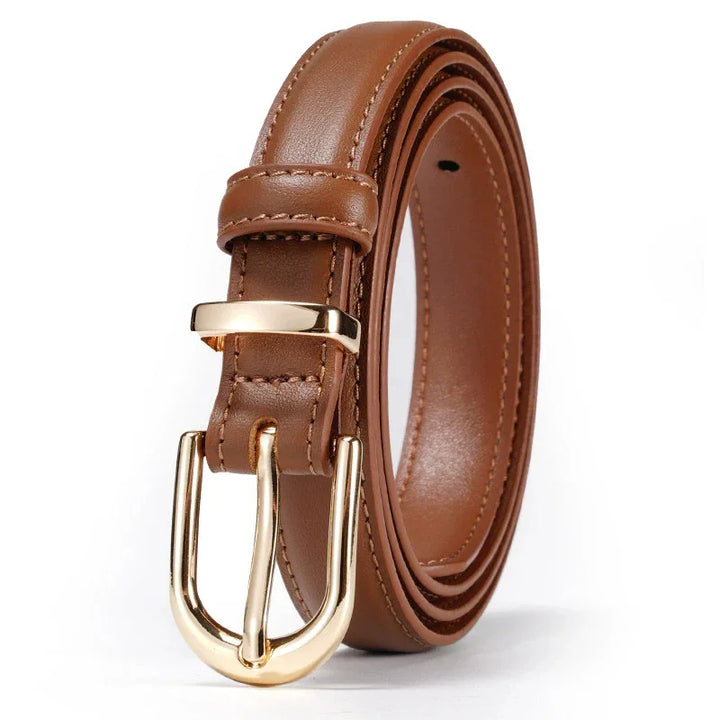 Brown leather belt with gold-tone buckle and stitched edges rolled up on white background