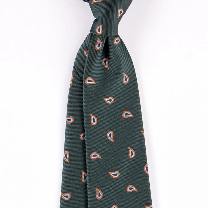 Dark green silk necktie with orange and white paisley pattern on white background