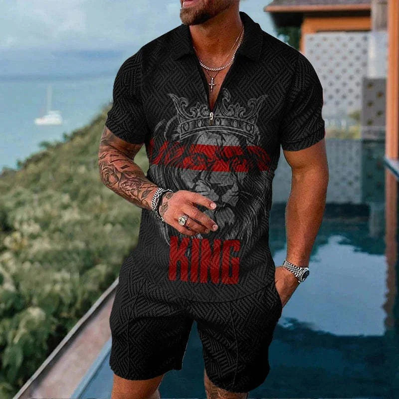 Man wearing black short-sleeve shirt and shorts with lion crown graphic and red text by poolside