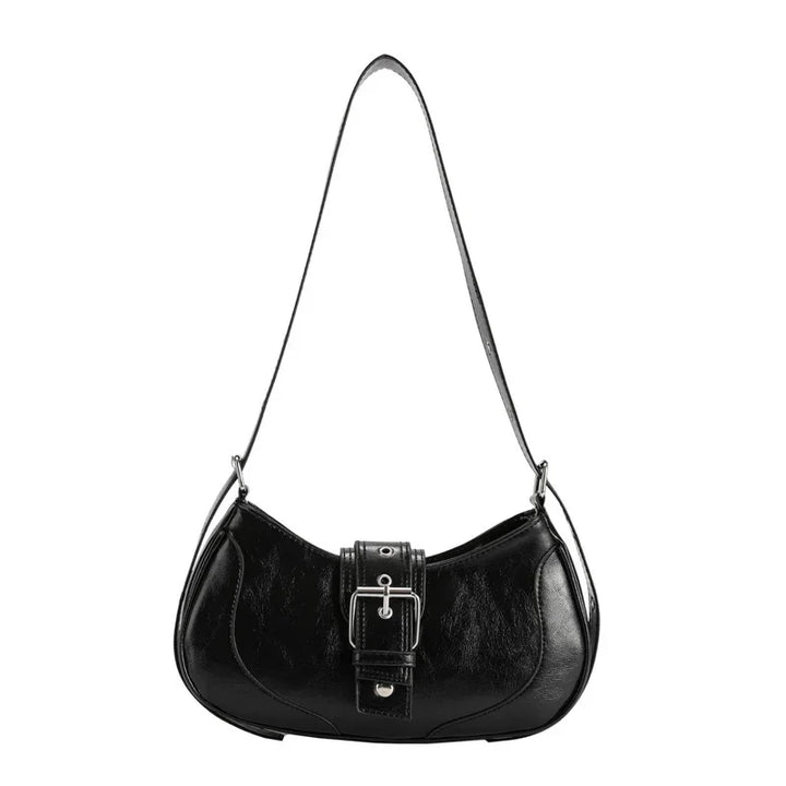 Black leather shoulder bag with silver buckle and adjustable strap on white background