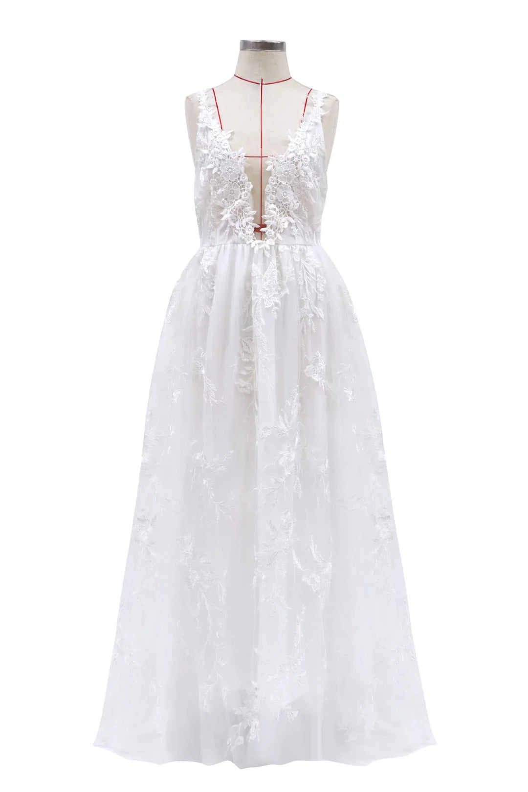 White sleeveless wedding dress with deep V-neck and floral lace embroidery on mannequin