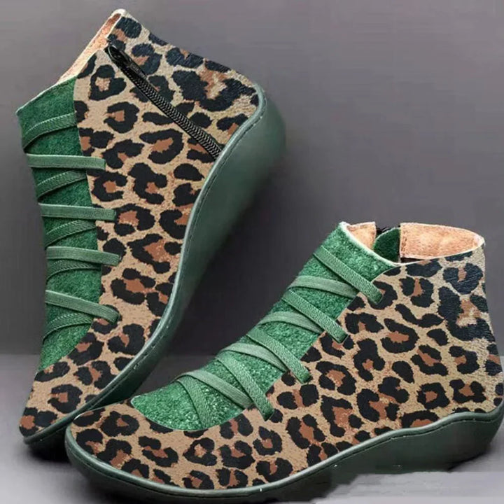 Green and leopard print wedge ankle boots with lace-up design and side zipper