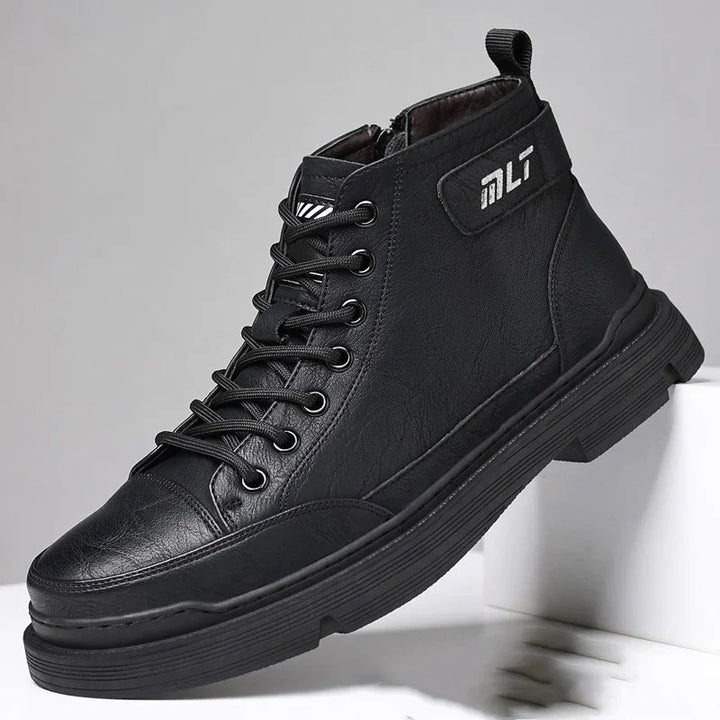 Black high-top leather sneaker with thick sole, lace-up design, and MLT logo on side