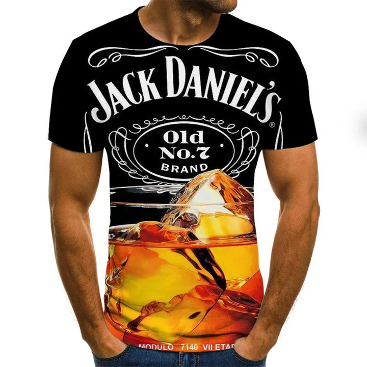 Man wearing black Jack Daniel's Old No.7 Brand t-shirt with whiskey and ice cube print