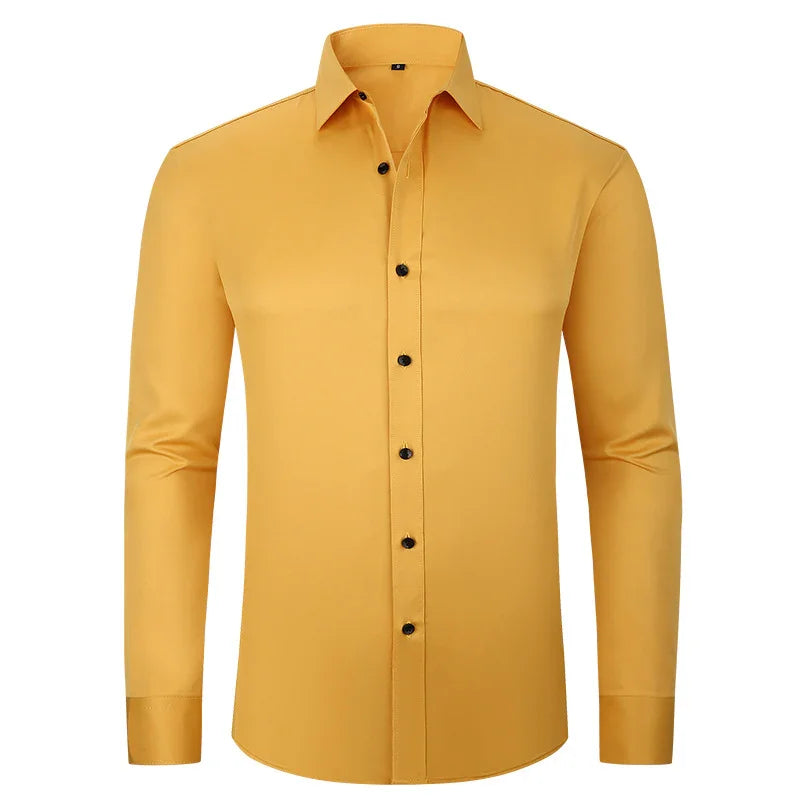 Men's mustard yellow long sleeve dress shirt with black buttons on white background