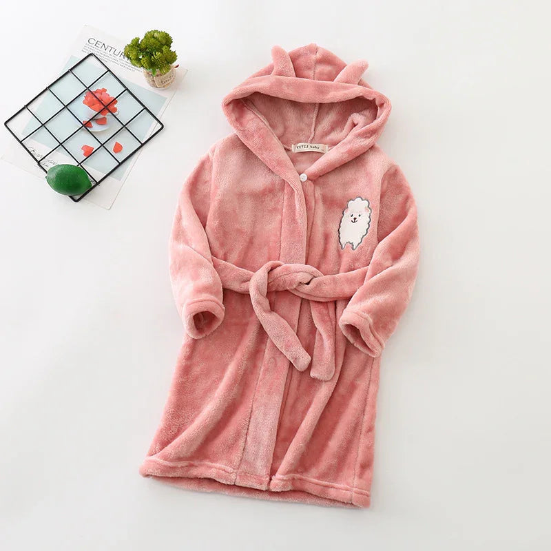 Soft pink hooded baby bathrobe with animal ears and cute sheep patch on chest