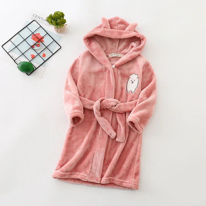 Soft pink hooded baby bathrobe with animal ears and cute sheep patch on chest
