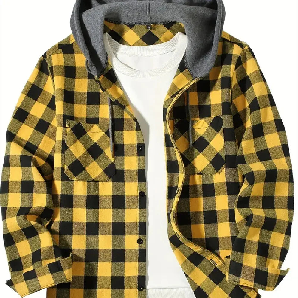 Yellow and black checkered flannel shirt jacket with gray hood and white inner shirt