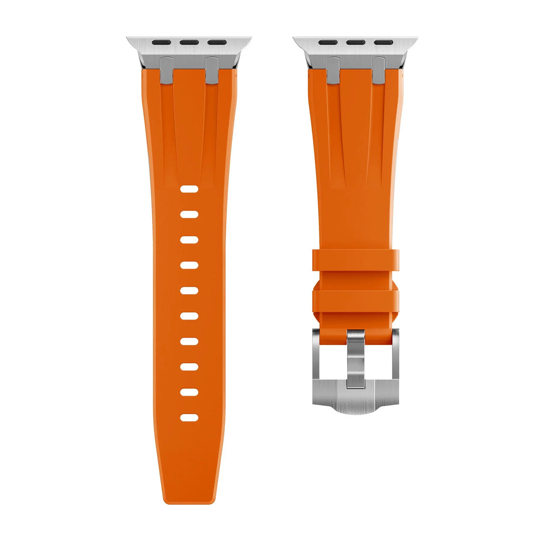 Orange silicone watch band with stainless steel buckle and connectors, designed for smartwatch