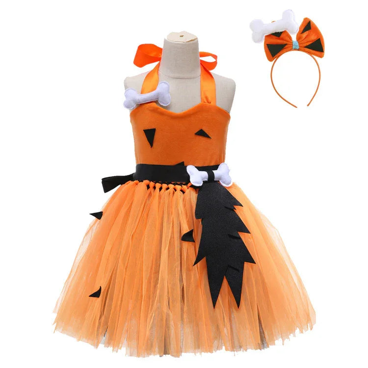 Orange kids' tulle halloween costume dress with black triangular accents, bone details, and matching headband