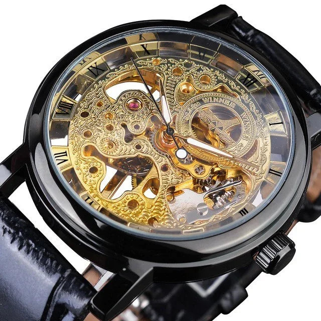 Black luxury wristwatch with gold skeleton dial and Roman numeral hour markers, leather strap