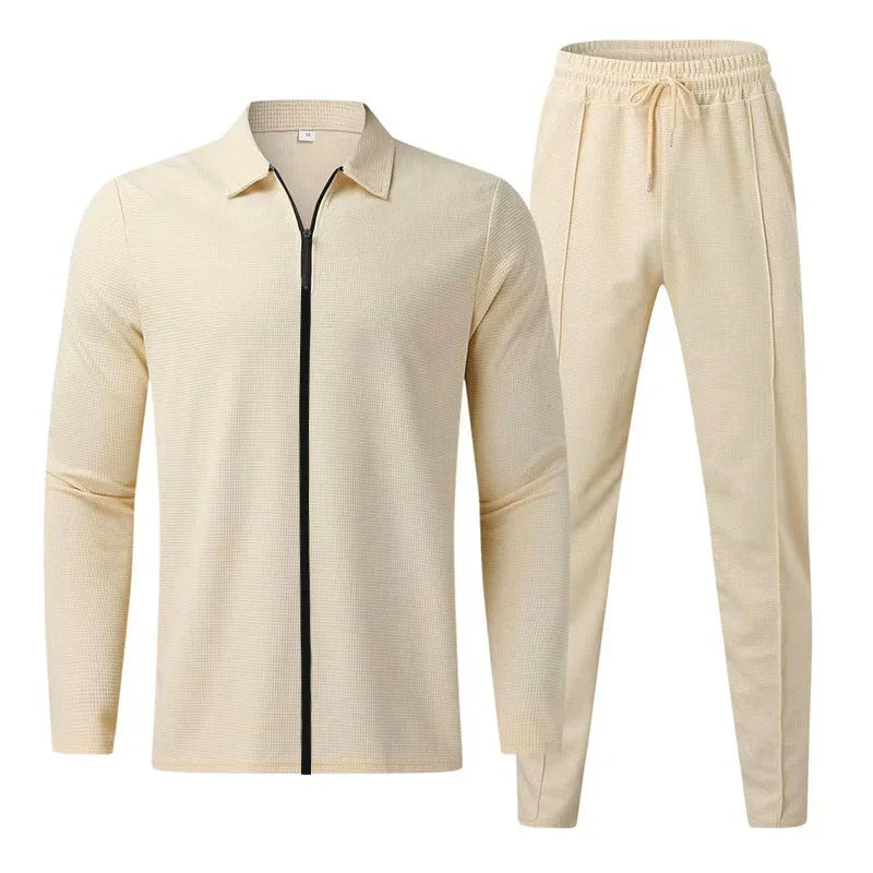 Beige men's casual tracksuit set with front zip jacket and drawstring pants in waffle knit fabric