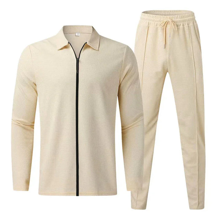 Beige men's casual tracksuit set with front zip jacket and drawstring pants in waffle knit fabric