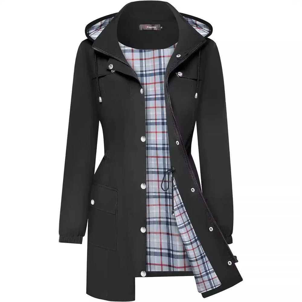 Black raincoat with hood and plaid lining, featuring snap buttons and front pockets