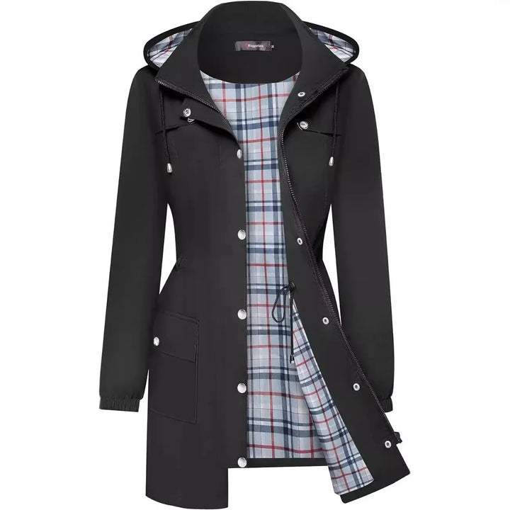 Black raincoat with hood and plaid lining, featuring snap buttons and front pockets