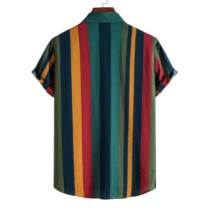 Back view of short sleeve shirt with vertical multicolor stripes in red, yellow, green, and blue