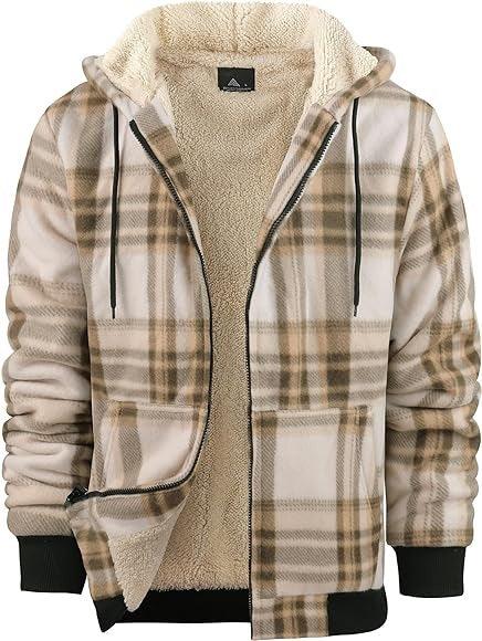 Beige and brown plaid lined zip-up hoodie jacket with sherpa fleece interior and black cuffs
