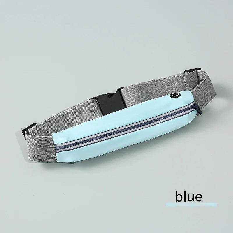 Light blue running belt with zipper and gray adjustable strap on a plain background