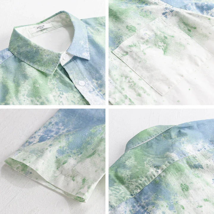 Close-up collage of green and blue tie-dye casual shirt with collar, pocket, sleeve, and back details
