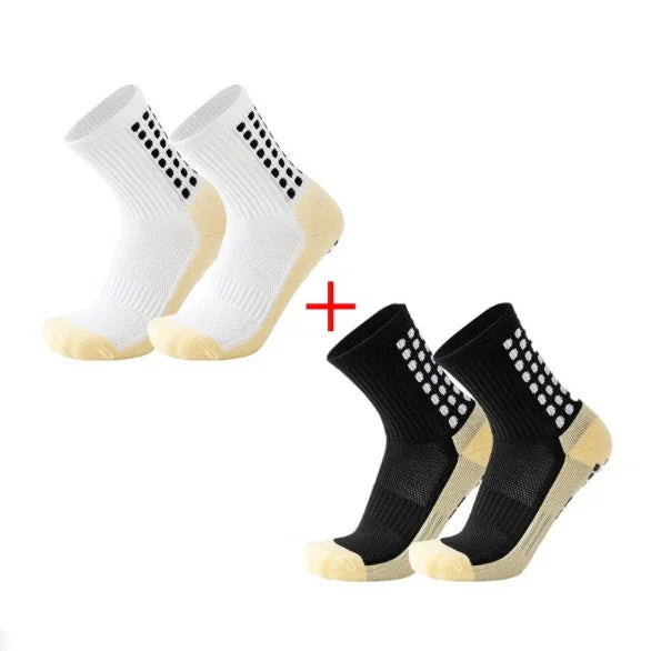 White and black grip socks set with non-slip dotted soles for sports, buy one get one free offer