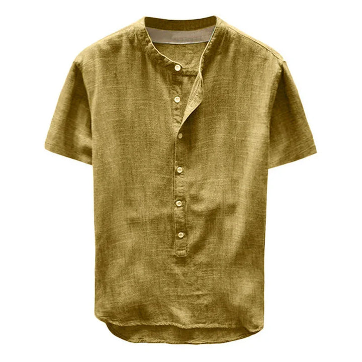 Men's short sleeve linen shirt in mustard yellow with button-up front and mandarin collar