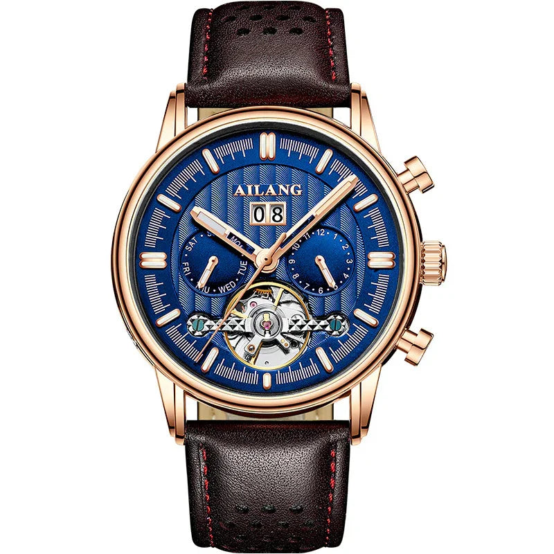 Ailang luxury men's wristwatch with blue dial, rose gold case, brown leather strap, and chronograph features