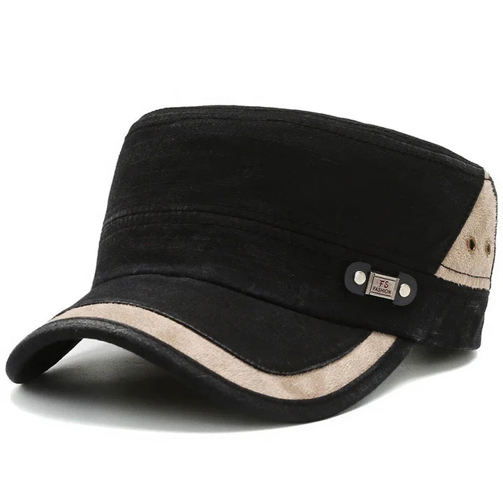 Black and beige casual military-style cap with FS Fashion metal tag on side