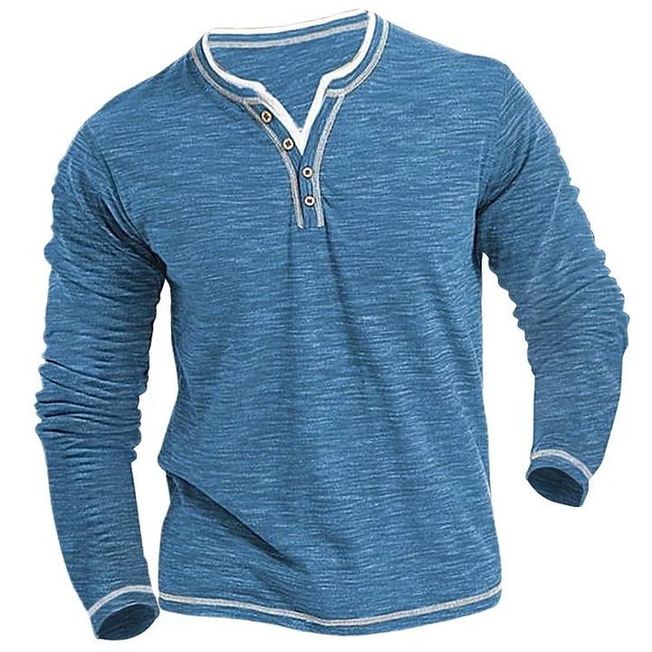 Men's blue long sleeve henley shirt with white contrast trim and button placket