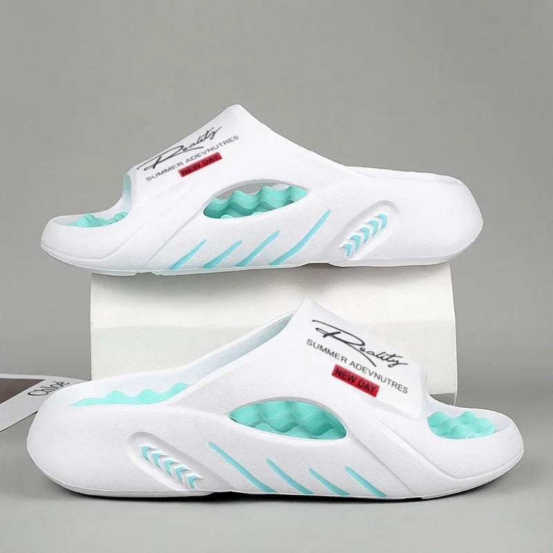 white summer slip-on sandals with light blue textured insoles and side ventilation holes