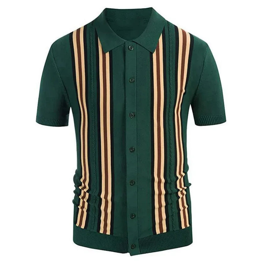 Green short-sleeve button-up polo shirt with vertical beige and black stripes