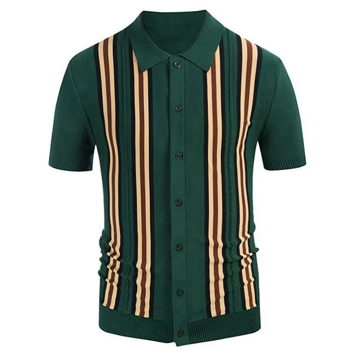 Green short-sleeve button-up polo shirt with vertical beige and black stripes