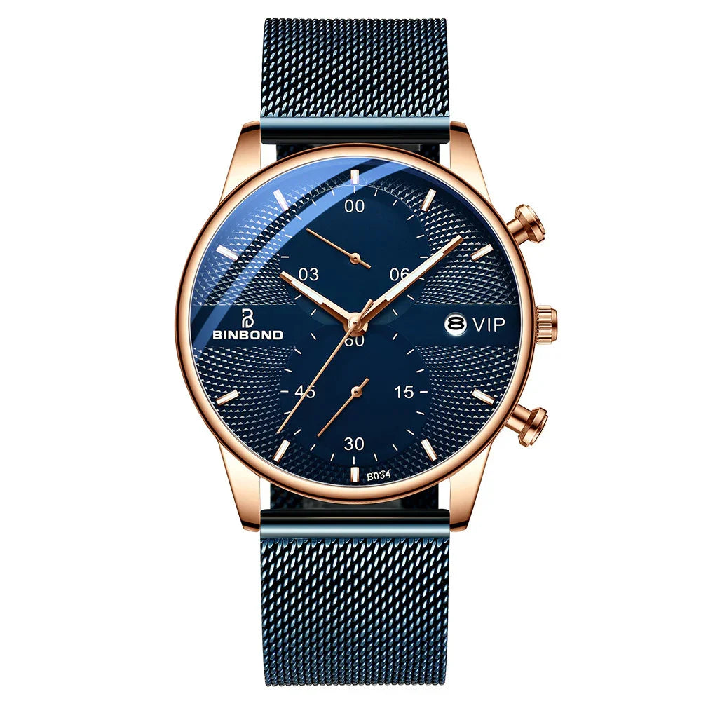 BINBOND blue dial chronograph wristwatch with rose gold case and blue mesh strap