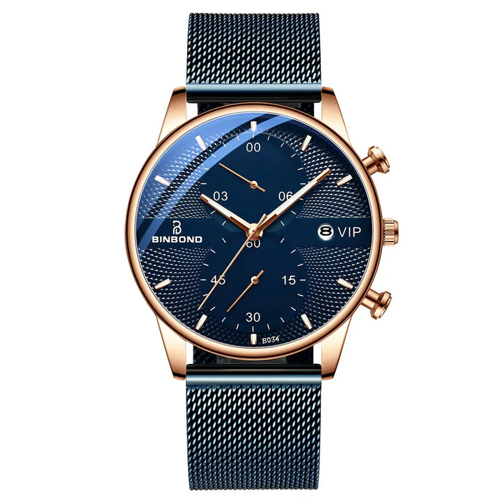 BINBOND blue dial chronograph wristwatch with rose gold case and blue mesh strap
