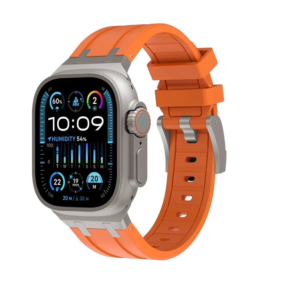Silver smartwatch with orange silicone strap showing weather and humidity data on display