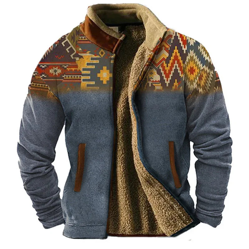 Men's fleece jacket with blue body and colorful Aztec patterned shoulders, sherpa lining