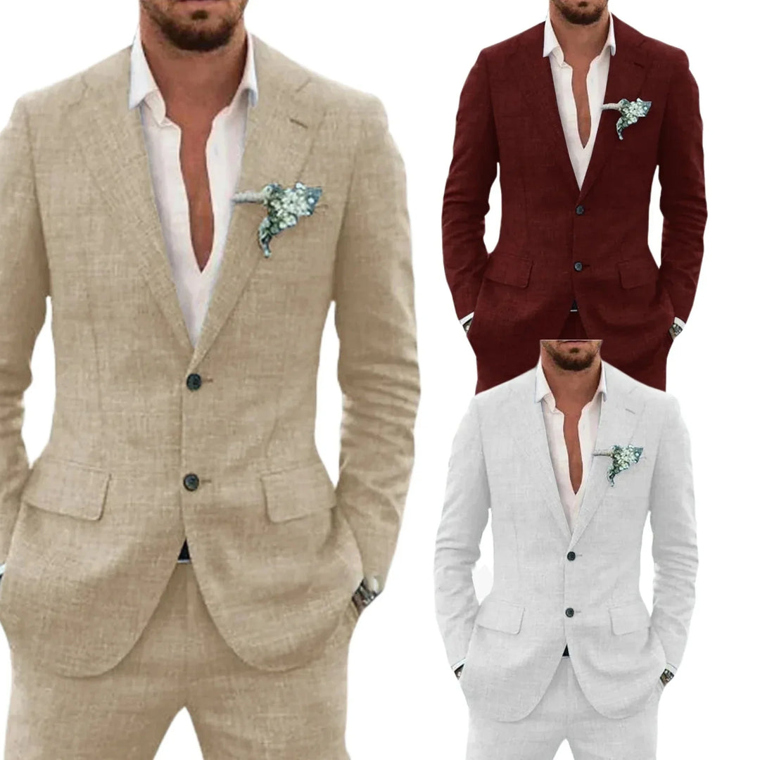 Men's slim fit linen suits in beige, burgundy, and white with open-collar white shirts and floral lapel pins