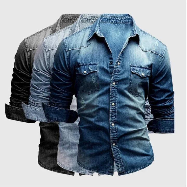 Men's long-sleeve denim shirts in various blue shades with buttoned chest pockets