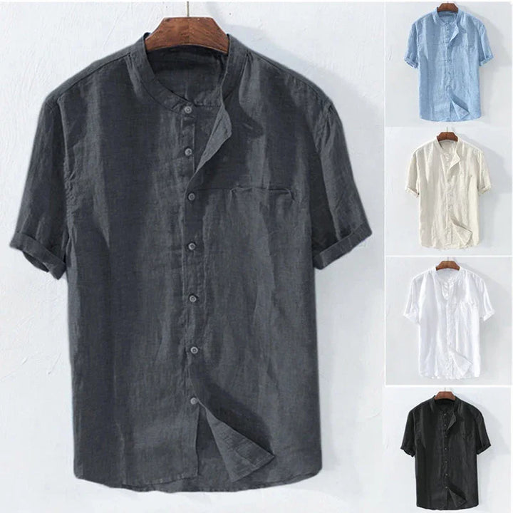 Men's casual short sleeve linen shirt with mandarin collar in black, blue, beige, white, and dark gray colors