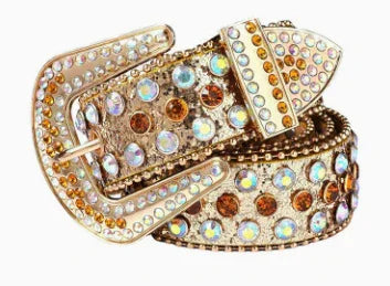 Shiny embellished belt with gold buckle and multicolored rhinestones on white background