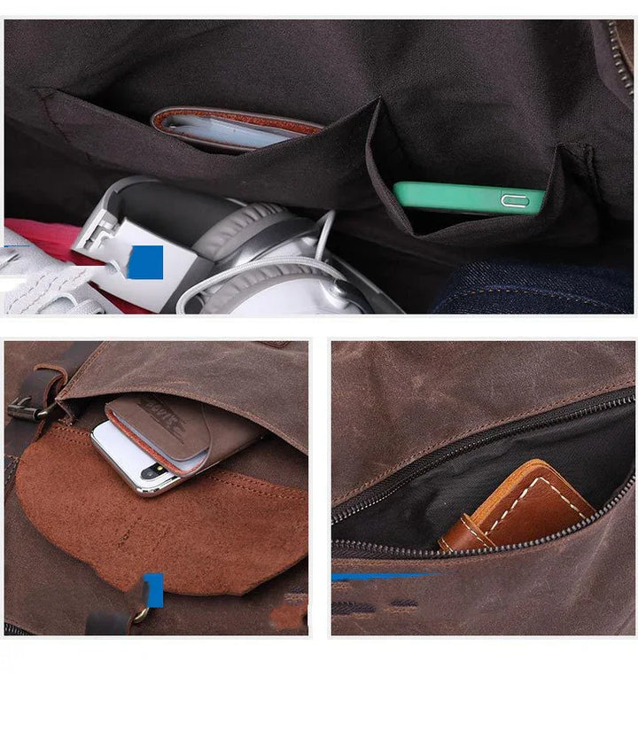 Brown leather bag interior with multiple pockets holding headphones, smartphone, and wallet