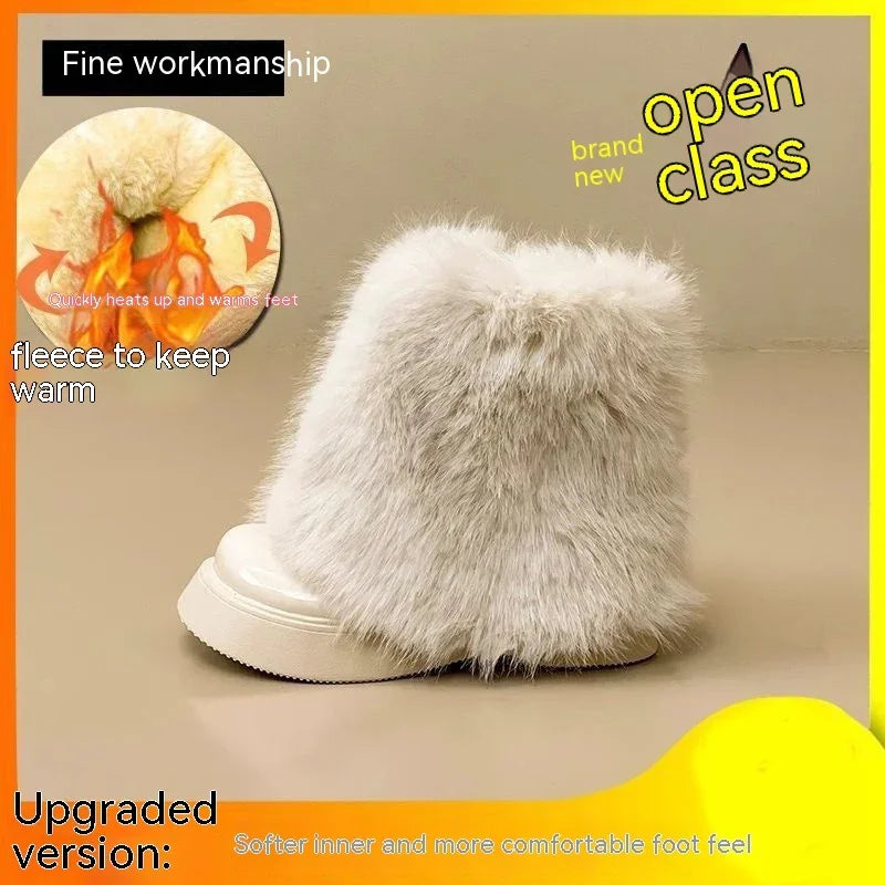 White fluffy fleece winter boots with soft inner lining on beige background