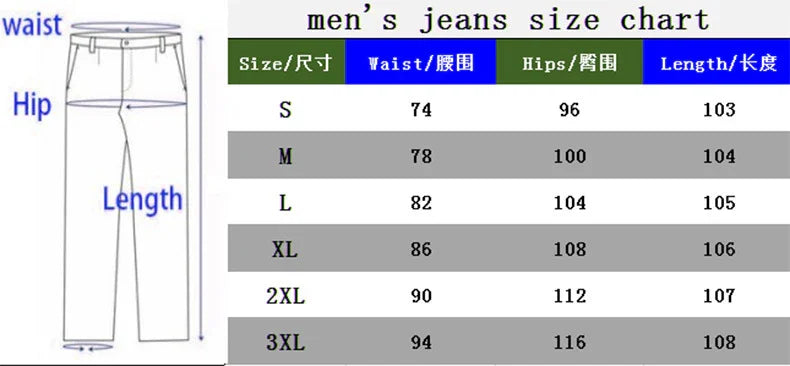 Men's jeans size chart with waist, hips, and length measurements in cm for sizes S to 3XL