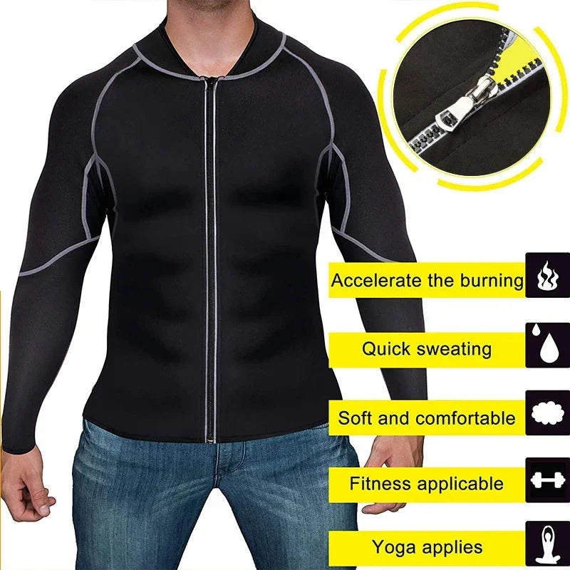 Man wearing black neoprene sauna suit jacket with zipper, fitness benefits listed beside.