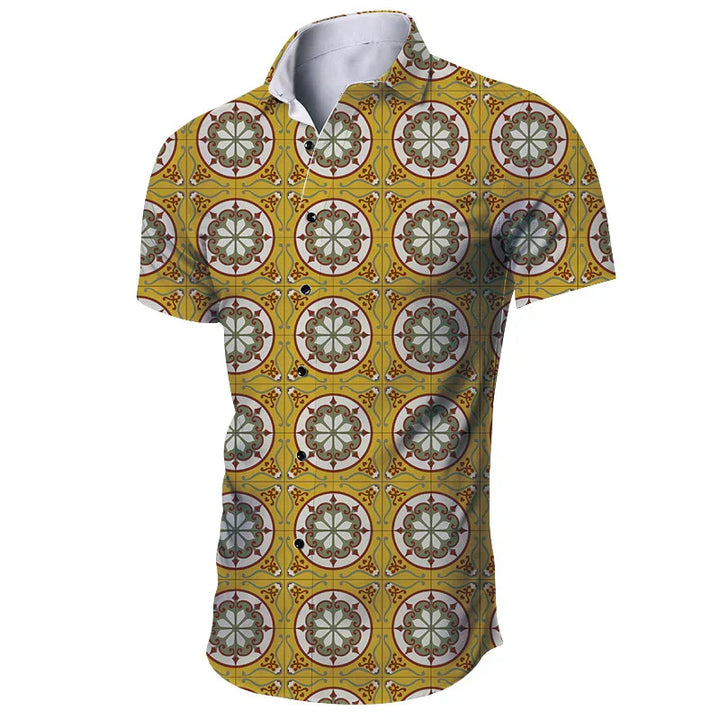 men's short sleeve button-up shirt with yellow and brown vintage tile pattern