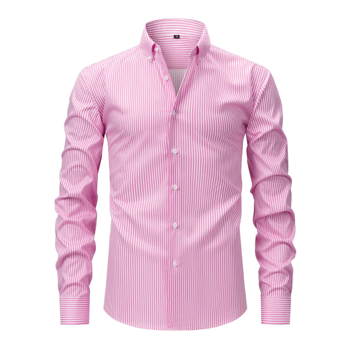 Pink and white vertical striped men's dress shirt with button-down collar and long sleeves