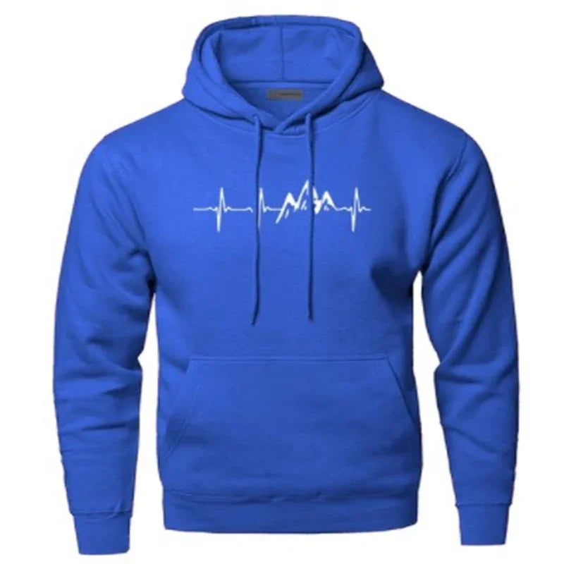 Blue hoodie with white heartbeat and mountain design, drawstring hood and front pocket