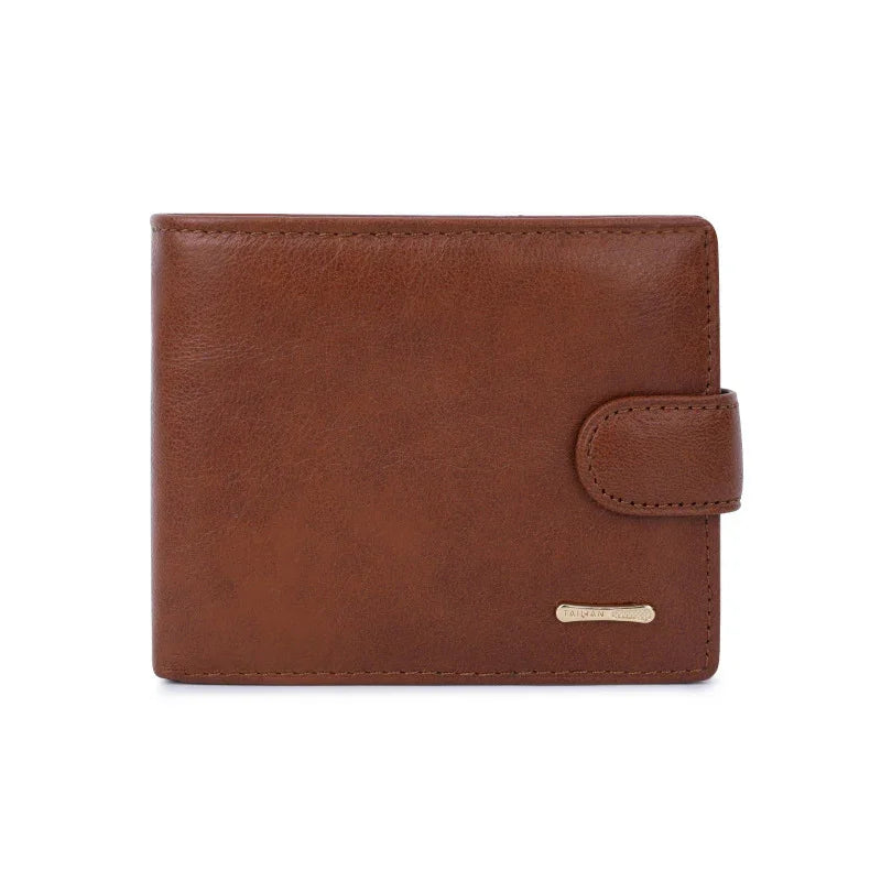 Brown leather men's wallet with snap button closure and small gold brand tag on white background